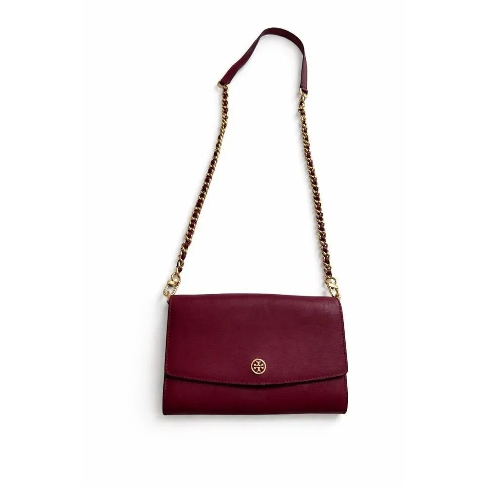 Tory Burch Robinson Burgundy Pebble Leather Chain Wallet Crossbody Purse Handbag